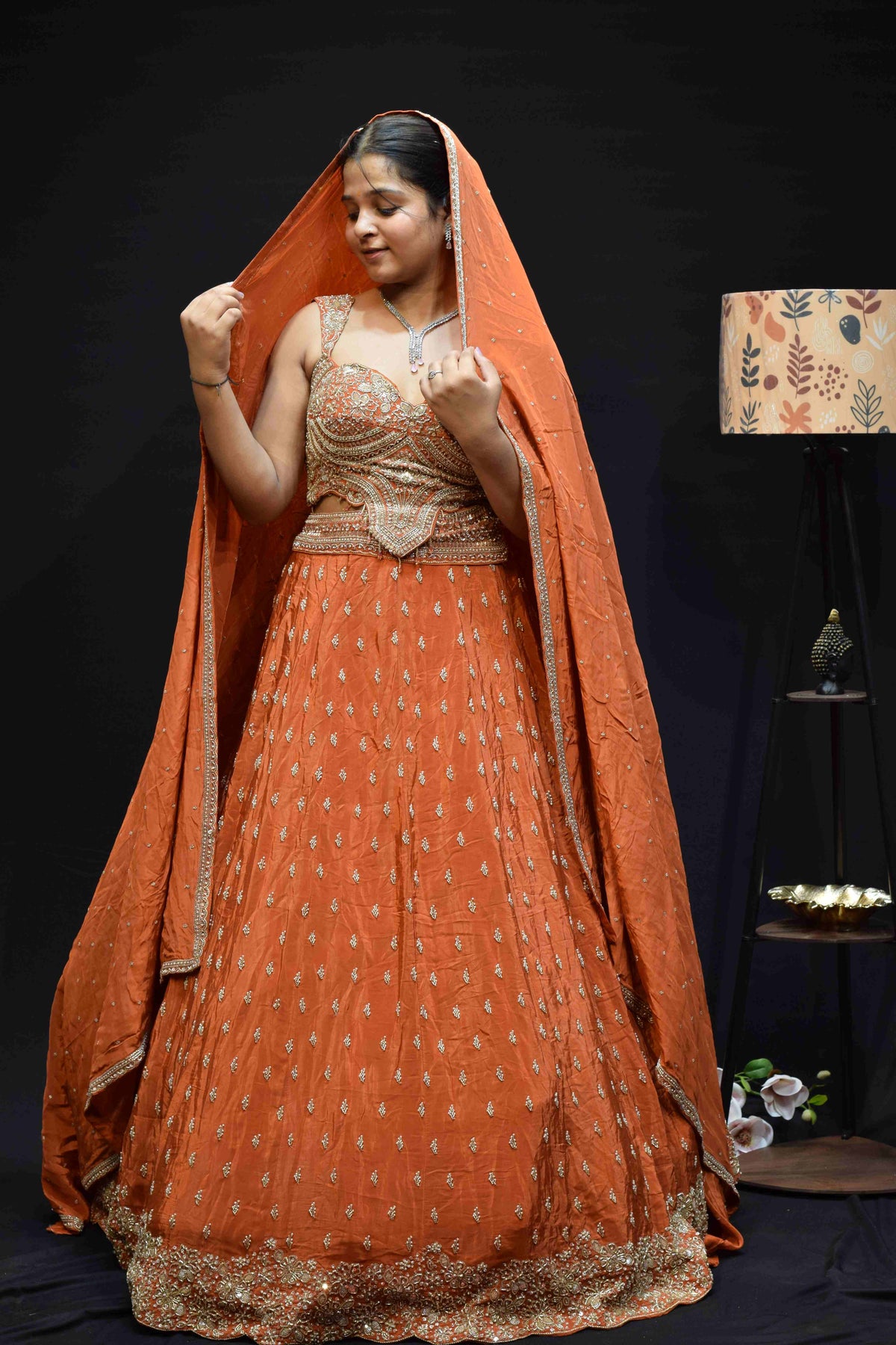 Elegant Peach Orange Lehenga Saree with Intricate Silver Embroidery