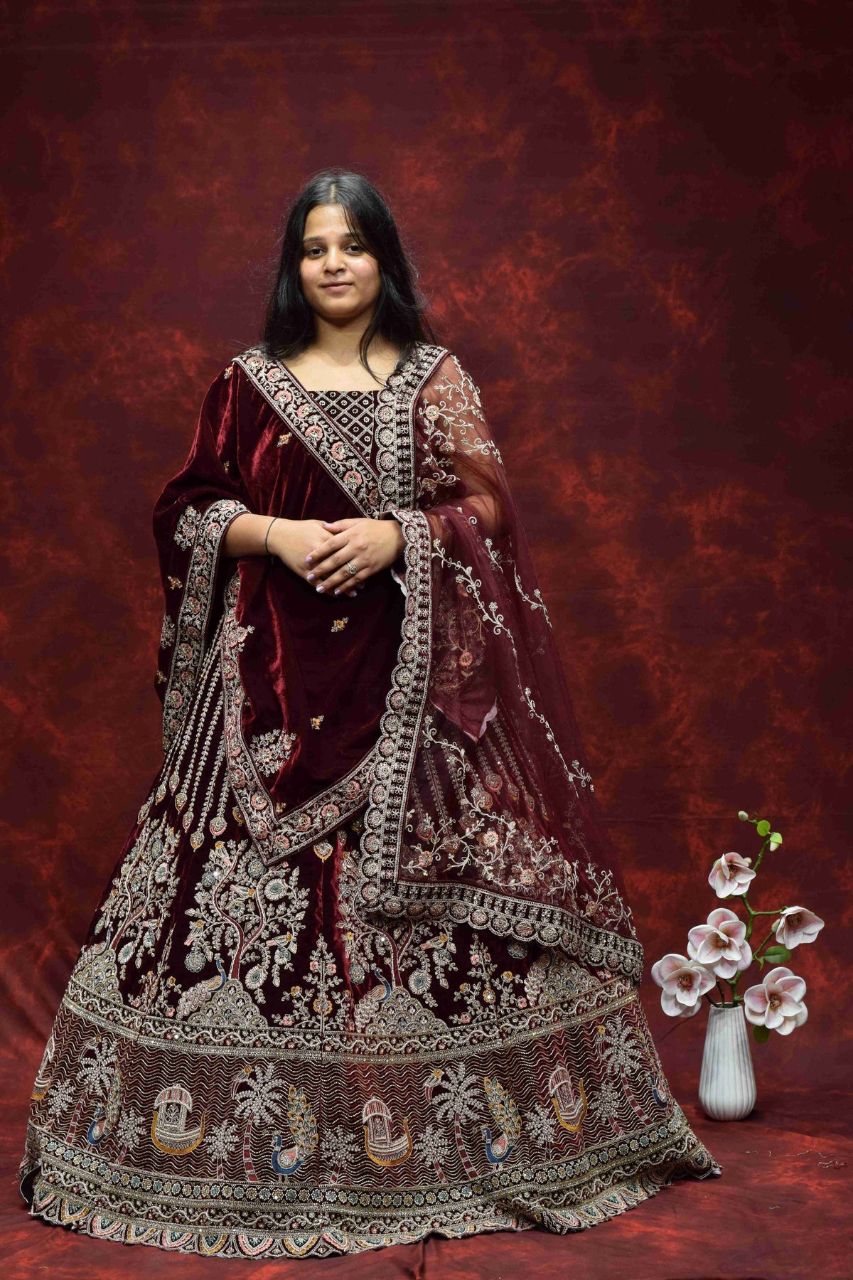 Royal Wine Maroon Velvet Saree with Intricate Embroidered Border