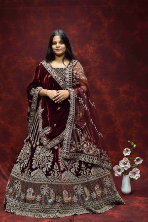 Royal Wine Maroon Velvet Saree with Intricate Embroidered Border