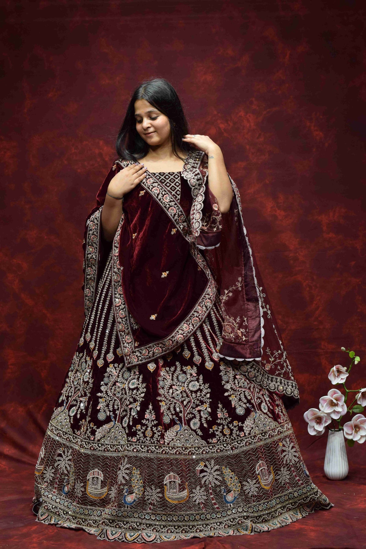 Royal Wine Maroon Velvet Saree with Intricate Embroidered Border
