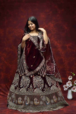 Royal Wine Maroon Velvet Saree with Intricate Embroidered Border