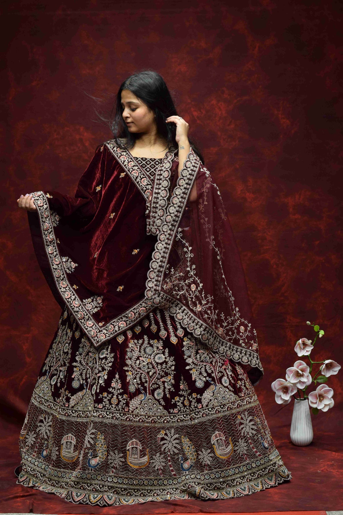Royal Wine Maroon Velvet Saree with Intricate Embroidered Border