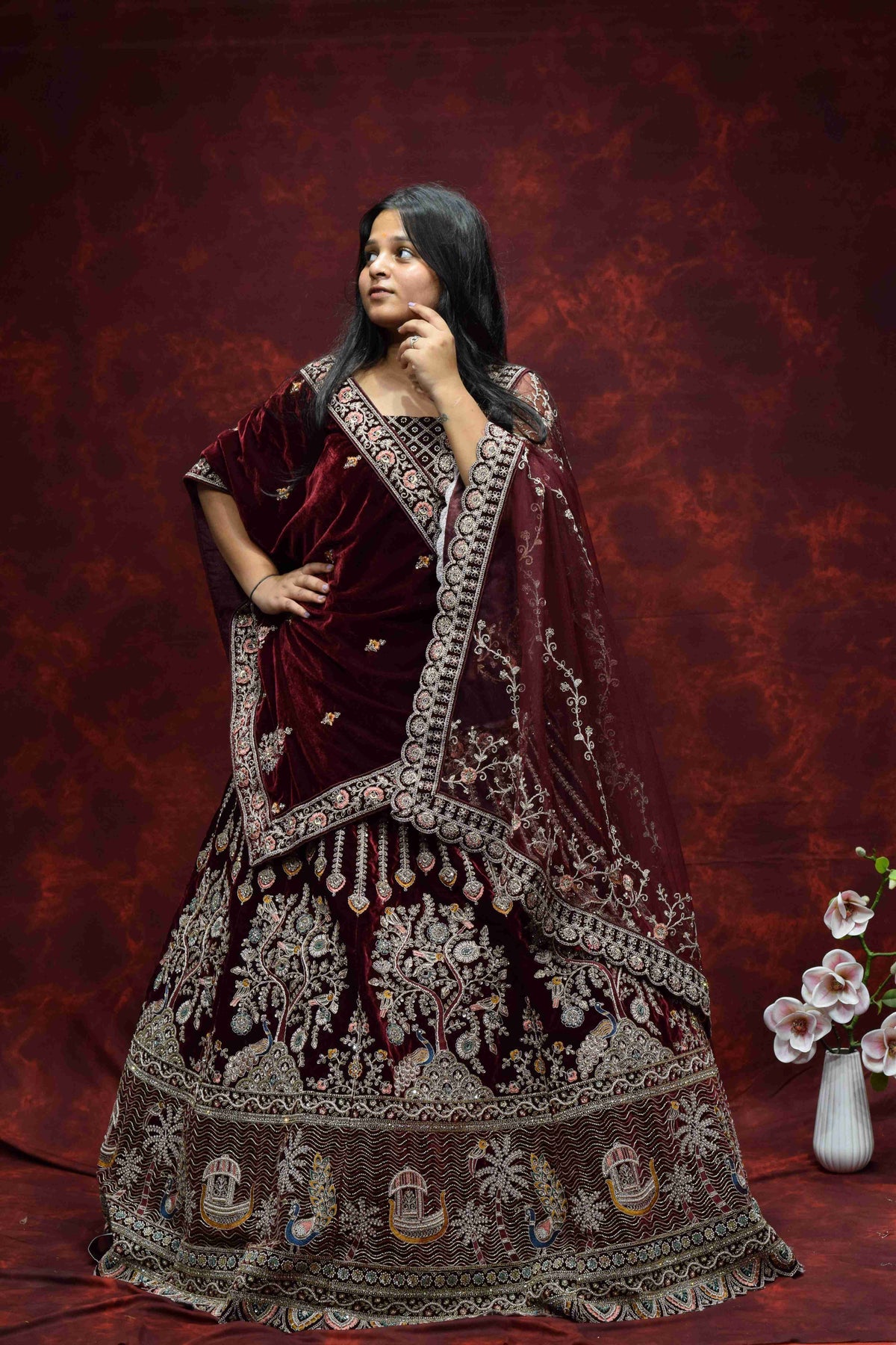 Royal Wine Maroon Velvet Saree with Intricate Embroidered Border