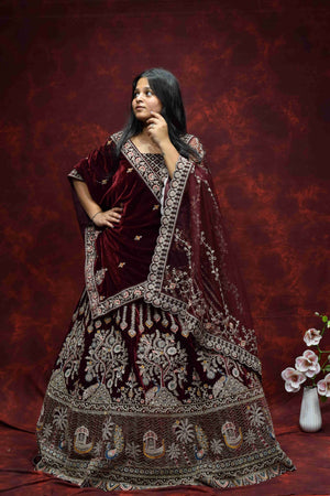 Royal Wine Maroon Velvet Saree with Intricate Embroidered Border