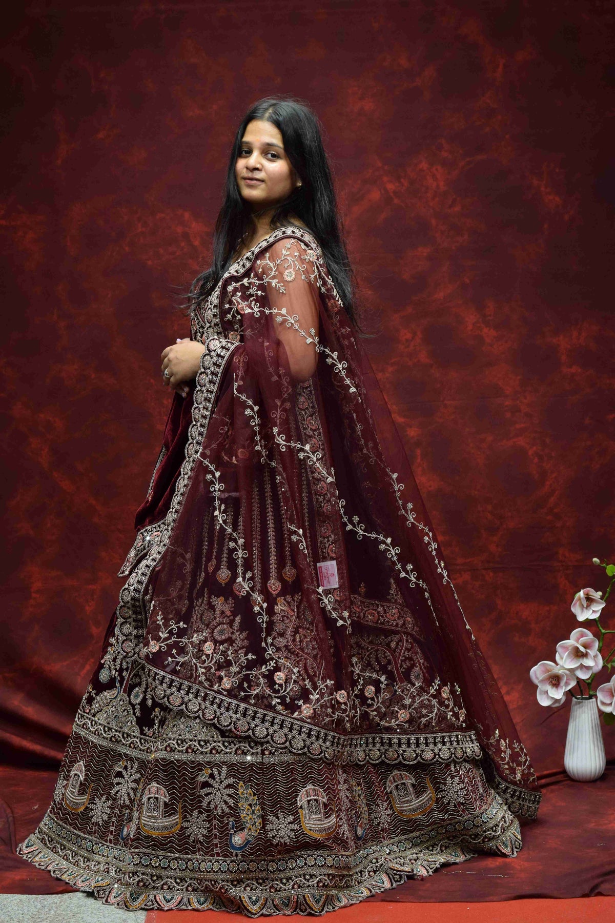 Royal Wine Maroon Velvet Saree with Intricate Embroidered Border