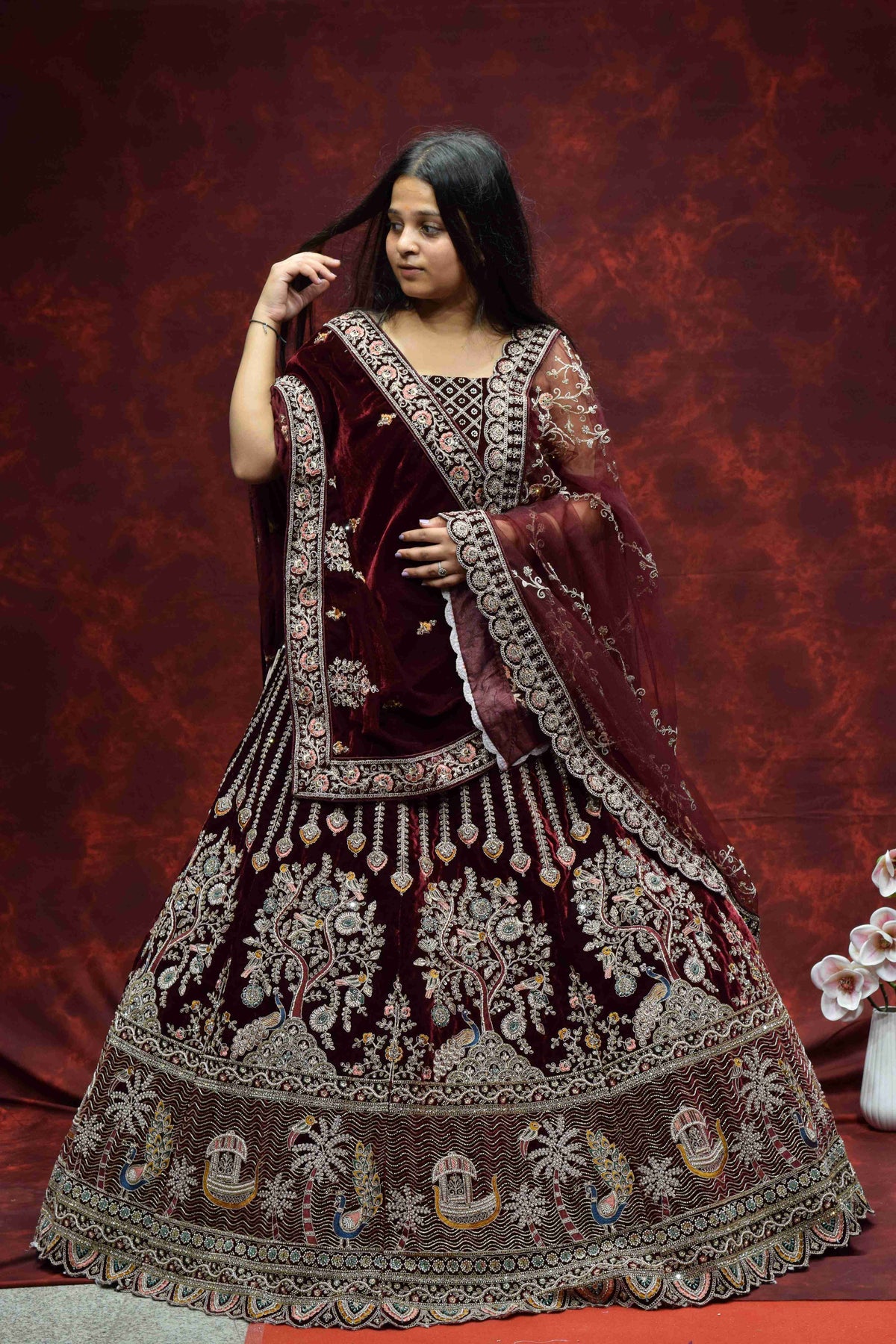 Royal Wine Maroon Velvet Saree with Intricate Embroidered Border