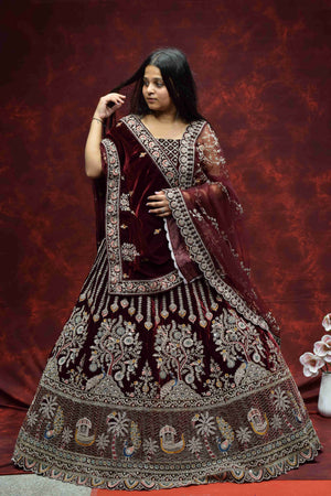 Royal Wine Maroon Velvet Saree with Intricate Embroidered Border