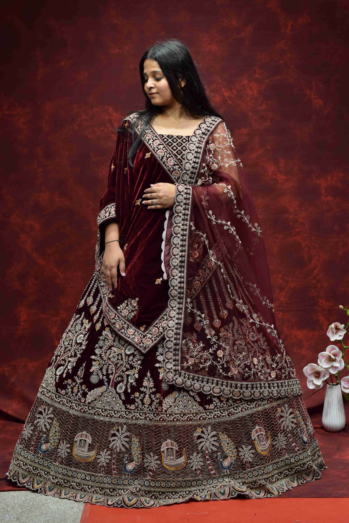 Royal Wine Maroon Velvet Saree with Intricate Embroidered Border