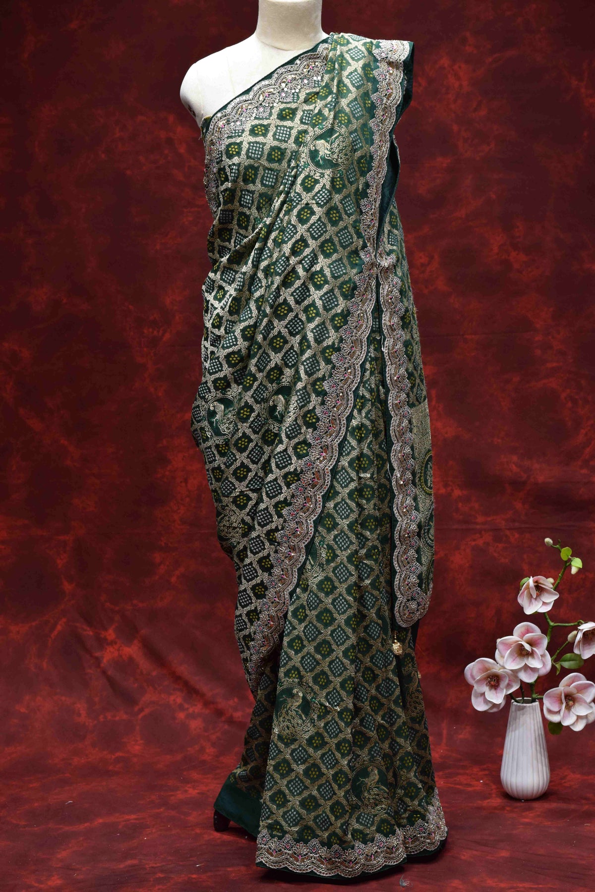 Royal Green Bandhani Printed Saree with Intricate Embroidered Border