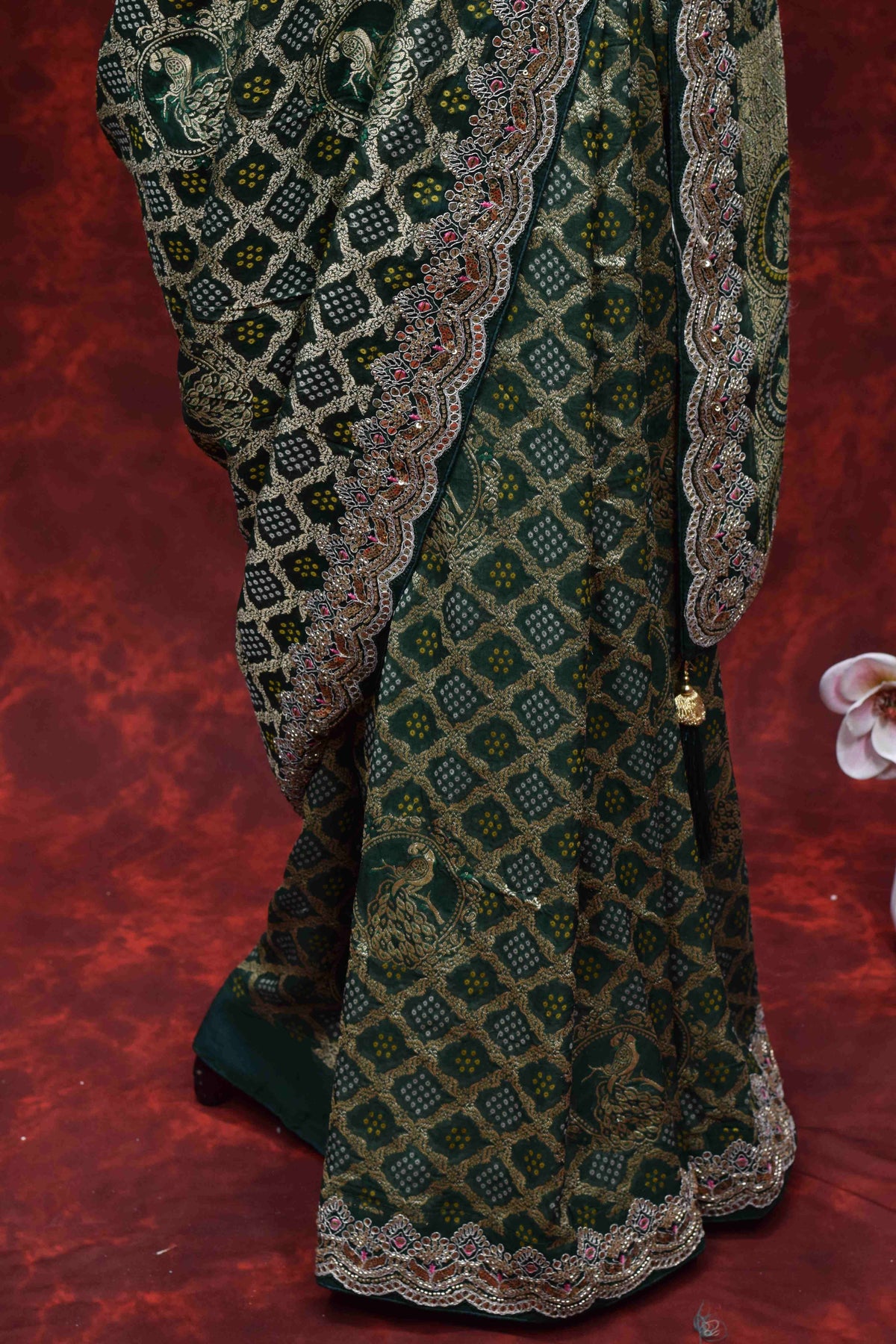 Royal Green Bandhani Printed Saree with Intricate Embroidered Border