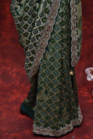 Royal Green Bandhani Printed Saree with Intricate Embroidered Border