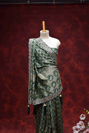 Royal Green Bandhani Printed Saree with Intricate Embroidered Border