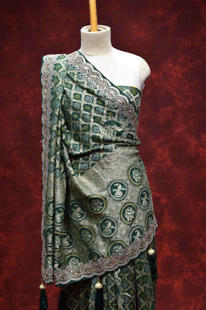 Royal Green Bandhani Printed Saree with Intricate Embroidered Border