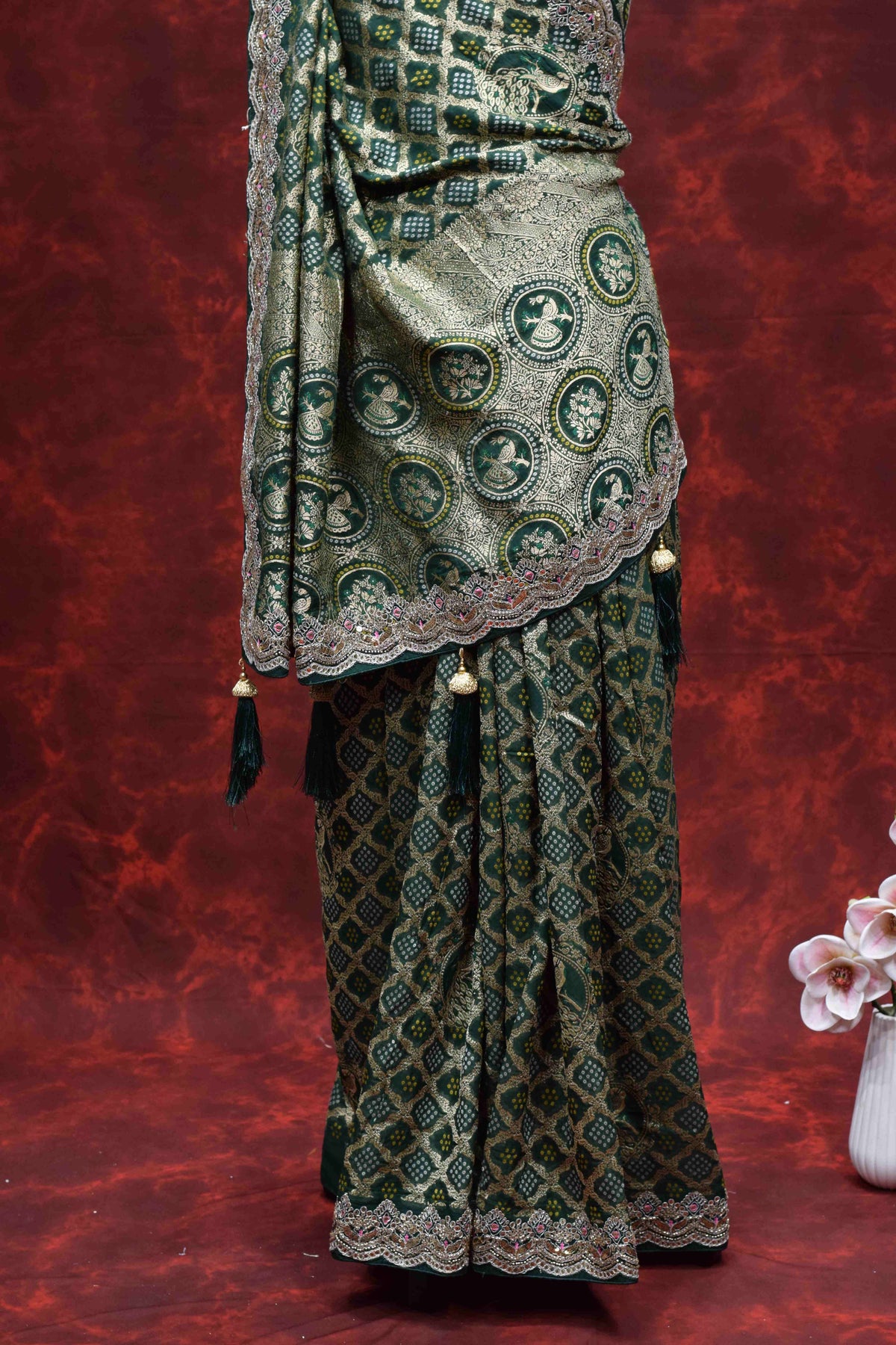Royal Green Bandhani Printed Saree with Intricate Embroidered Border
