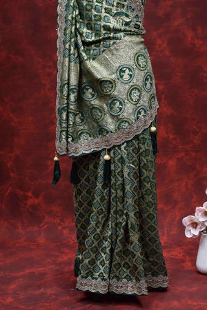 Royal Green Bandhani Printed Saree with Intricate Embroidered Border