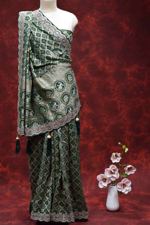 Royal Green Bandhani Printed Saree with Intricate Embroidered Border