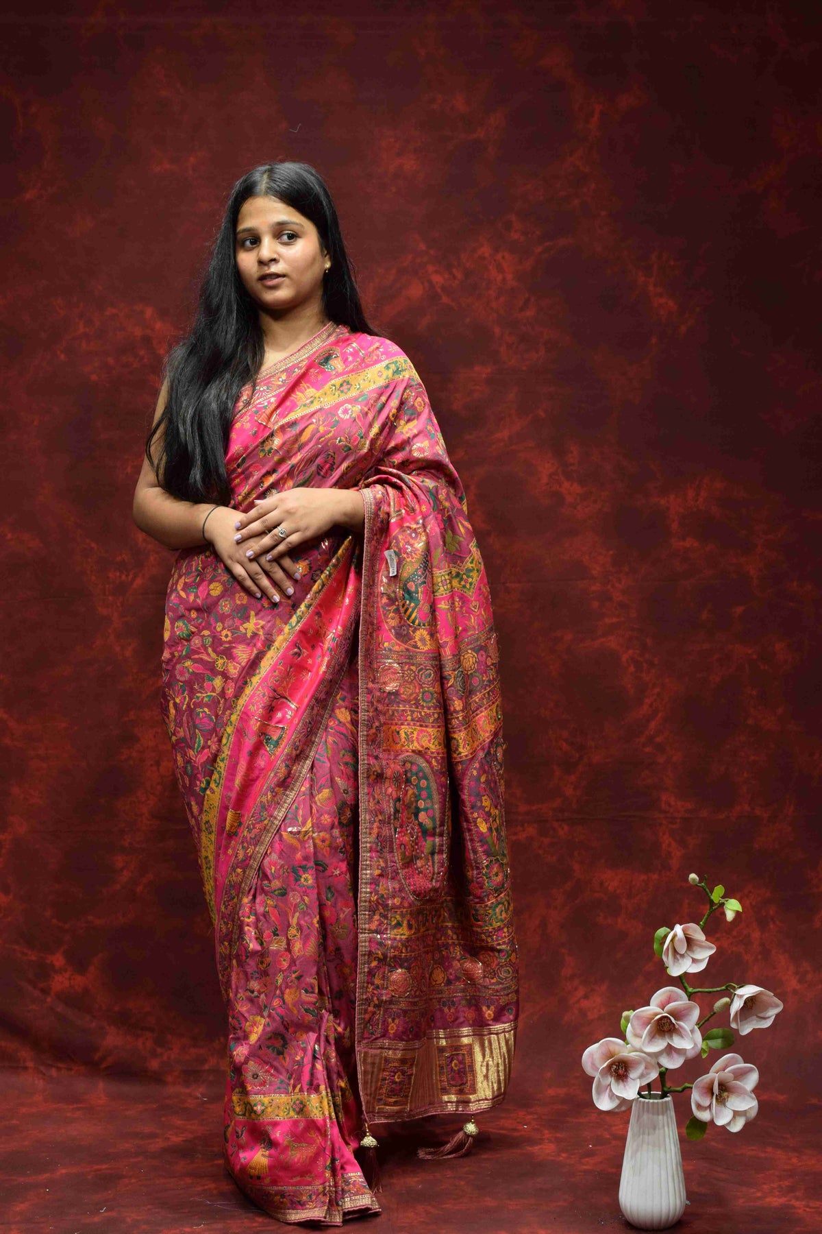 Royal Pink Floral Printed Silk Saree with Traditional Zari Border