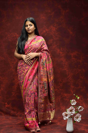 Royal Pink Floral Printed Silk Saree with Traditional Zari Border