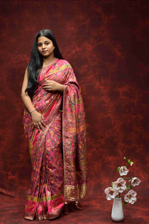 Royal Pink Floral Printed Silk Saree with Traditional Zari Border