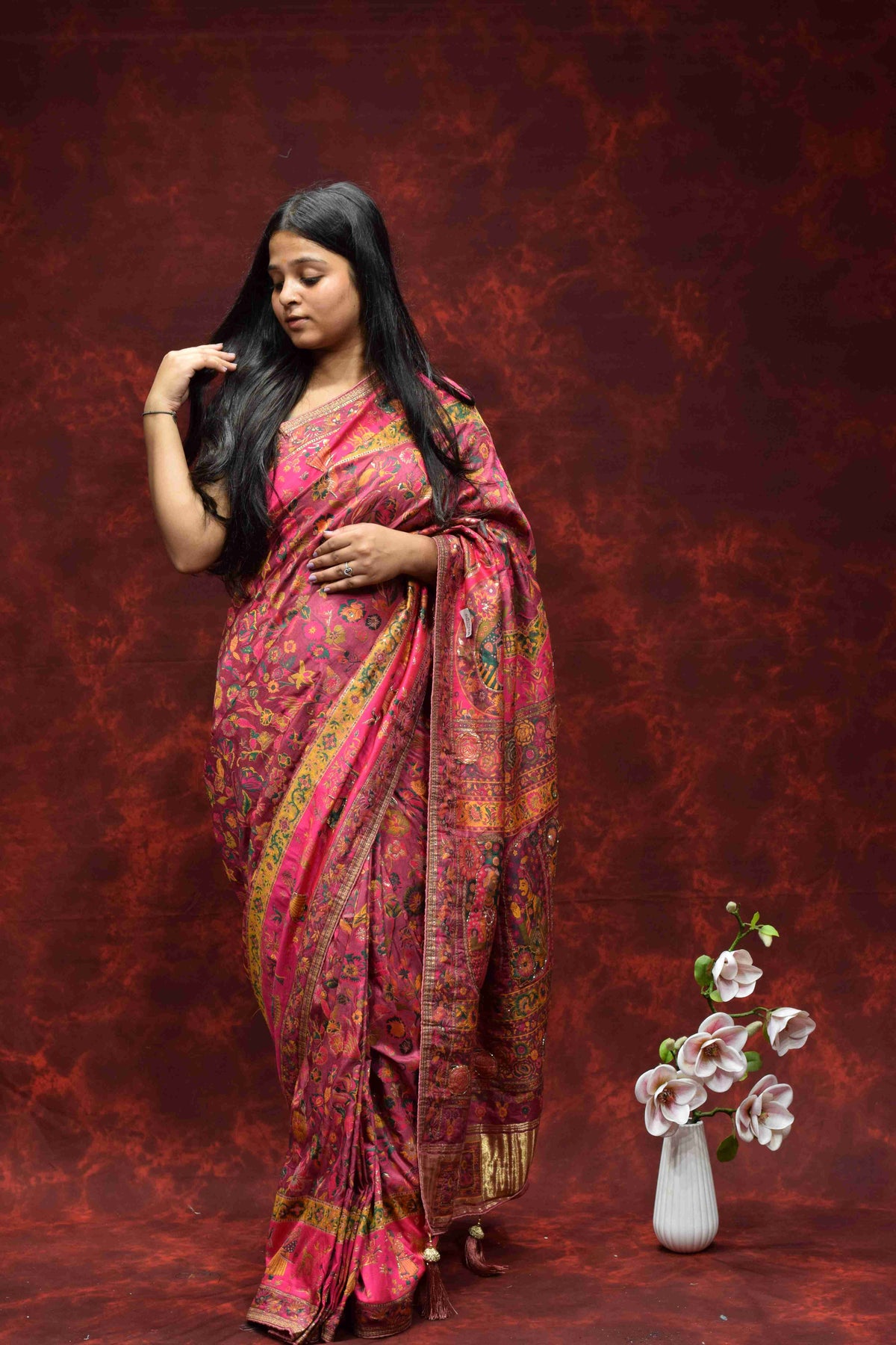 Royal Pink Floral Printed Silk Saree with Traditional Zari Border