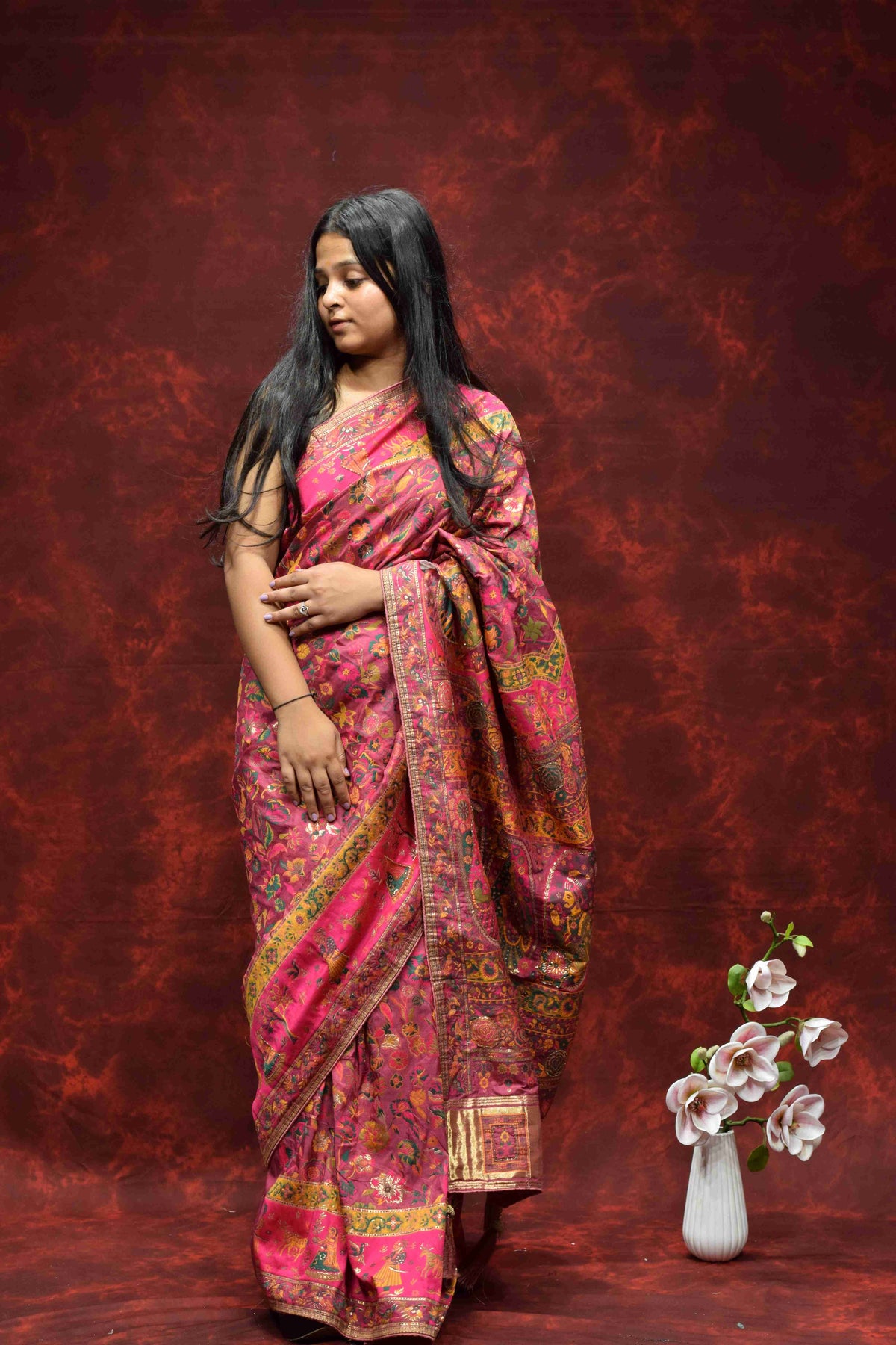 Royal Pink Floral Printed Silk Saree with Traditional Zari Border