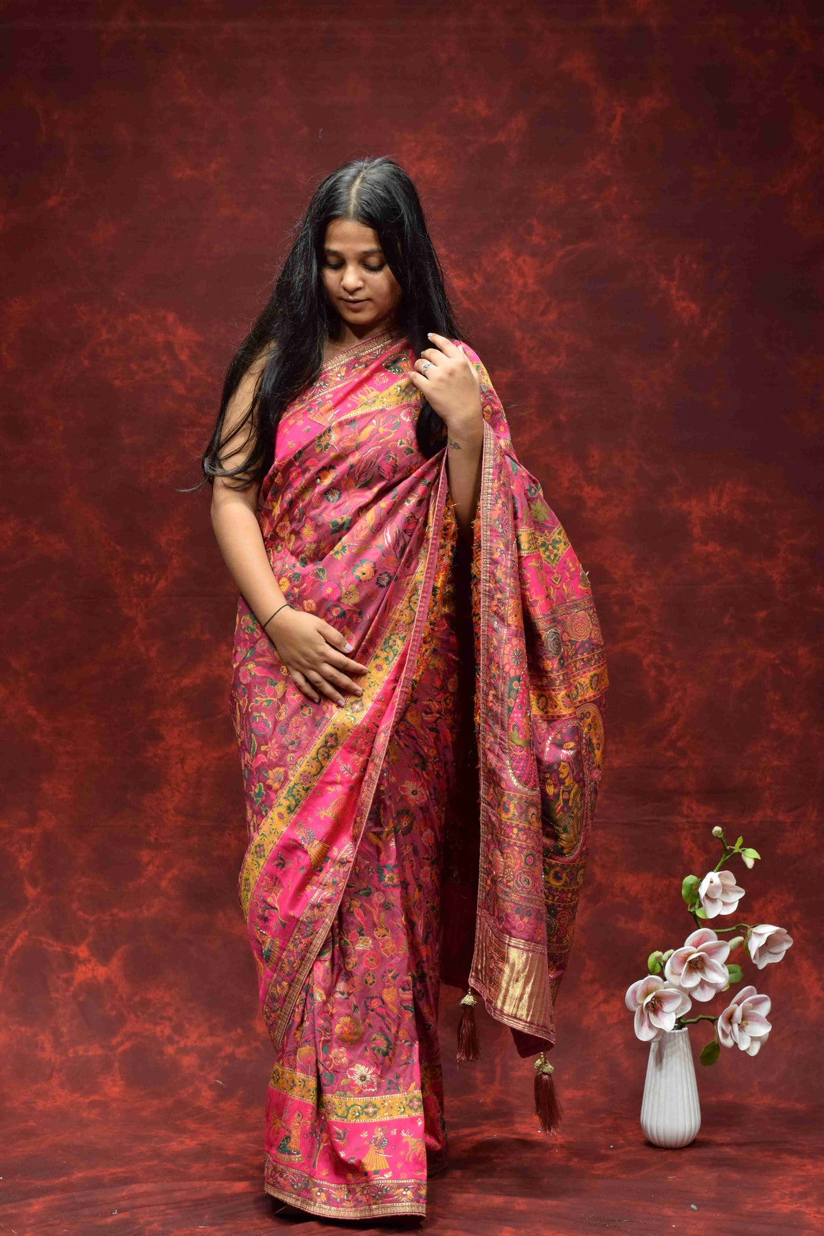 Royal Pink Floral Printed Silk Saree with Traditional Zari Border
