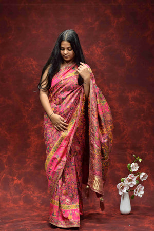 Royal Pink Floral Printed Silk Saree with Traditional Zari Border