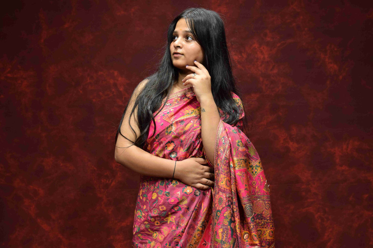 Royal Pink Floral Printed Silk Saree with Traditional Zari Border
