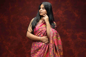 Royal Pink Floral Printed Silk Saree with Traditional Zari Border