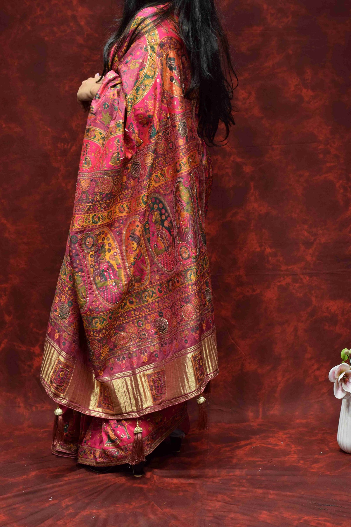 Royal Pink Floral Printed Silk Saree with Traditional Zari Border