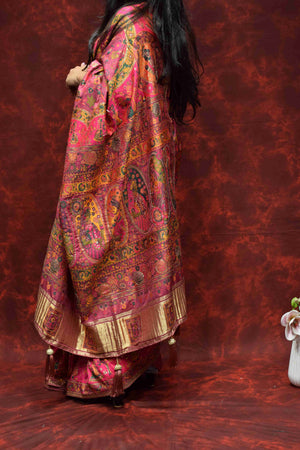 Royal Pink Floral Printed Silk Saree with Traditional Zari Border