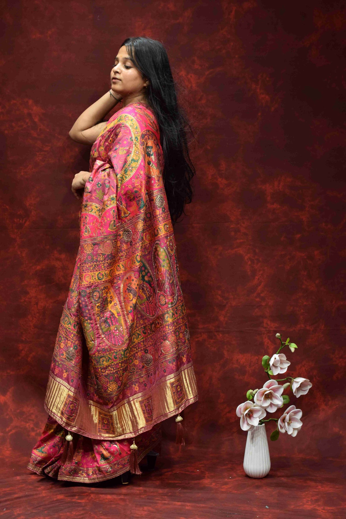Royal Pink Floral Printed Silk Saree with Traditional Zari Border