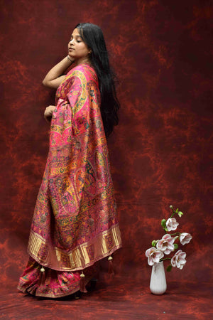 Royal Pink Floral Printed Silk Saree with Traditional Zari Border