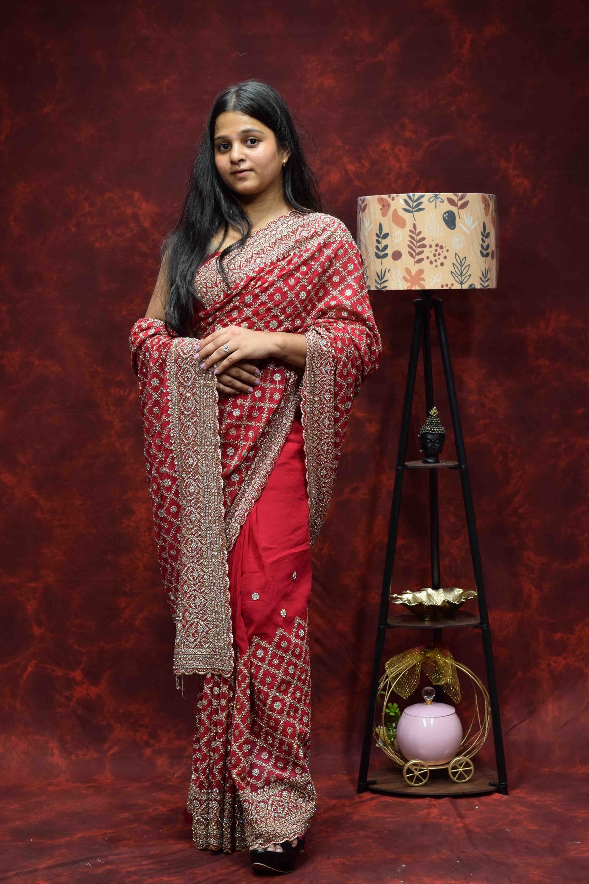 Royal Red Embroidered Saree with Intricate Golden Zari Work