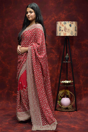 Royal Red Embroidered Saree with Intricate Golden Zari Work