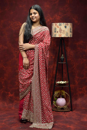 Royal Red Embroidered Saree with Intricate Golden Zari Work