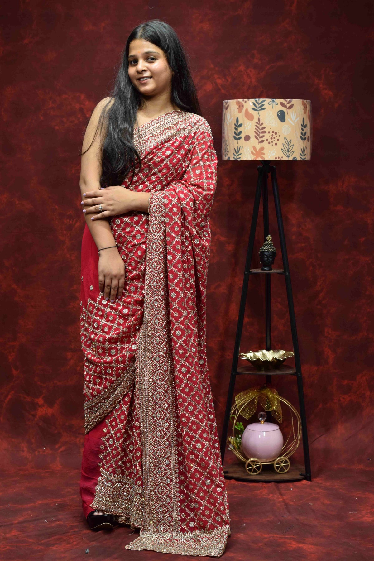 Royal Red Embroidered Saree with Intricate Golden Zari Border