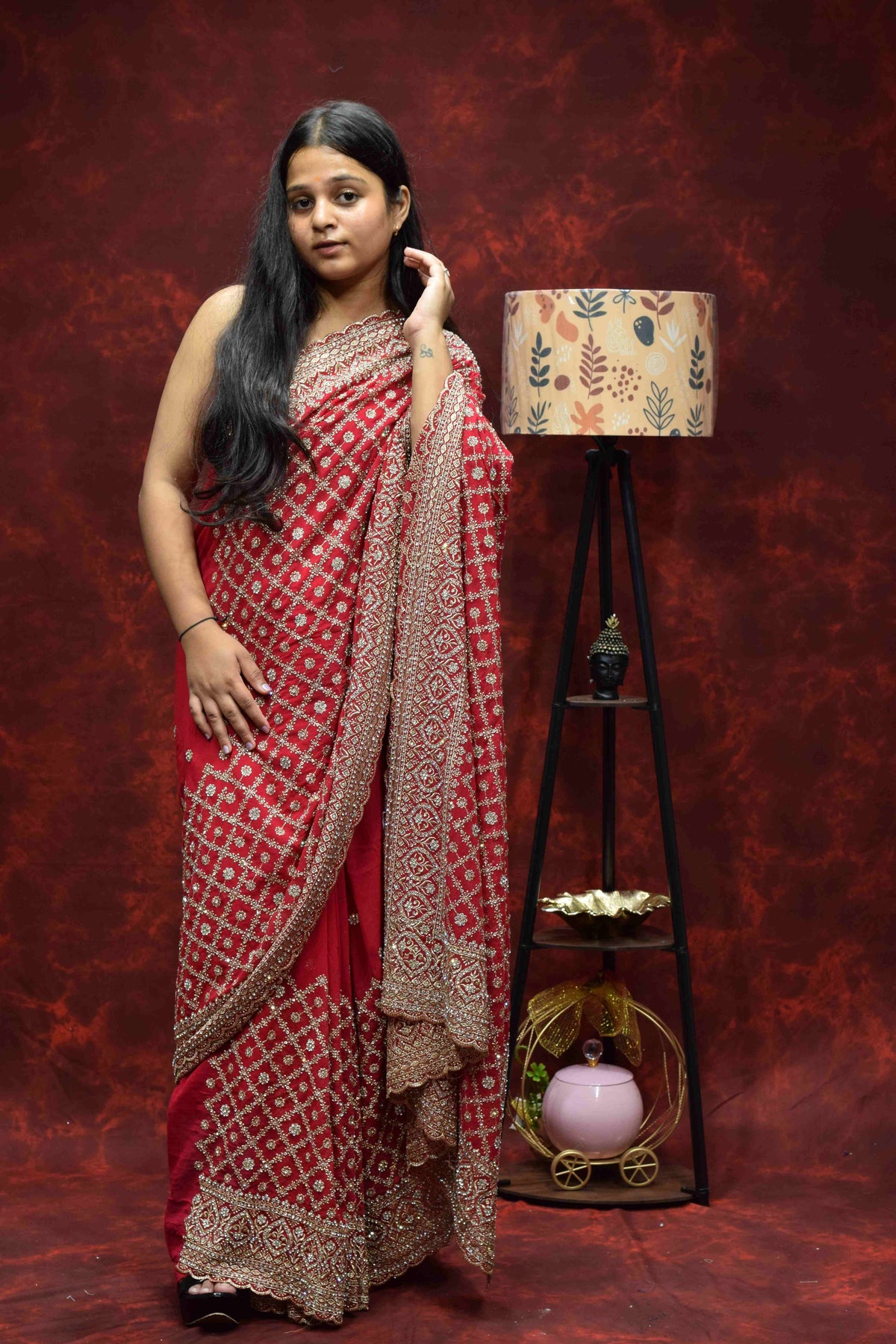 Royal Red Embroidered Saree with Intricate Golden Zari Border