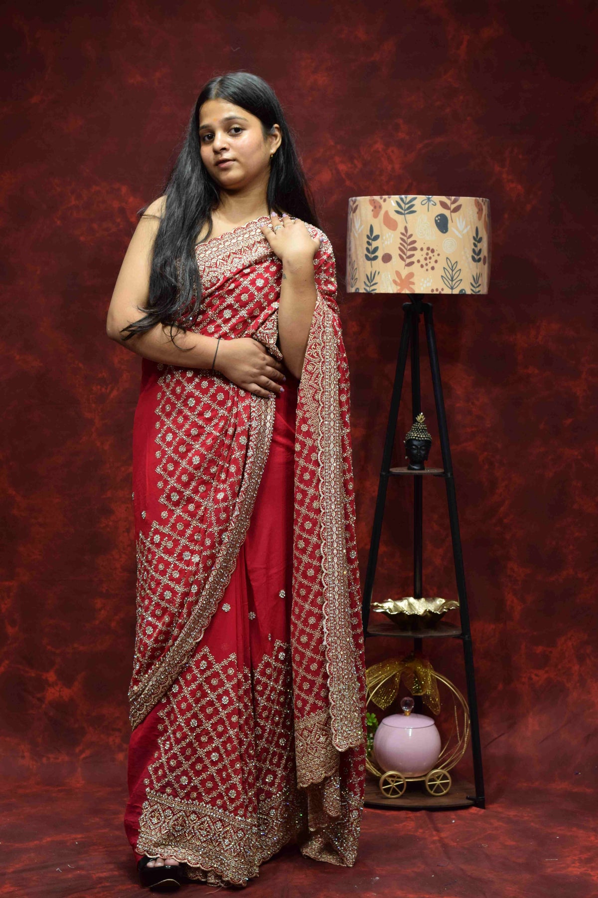 Royal Red Embroidered Saree with Intricate Golden Zari Border
