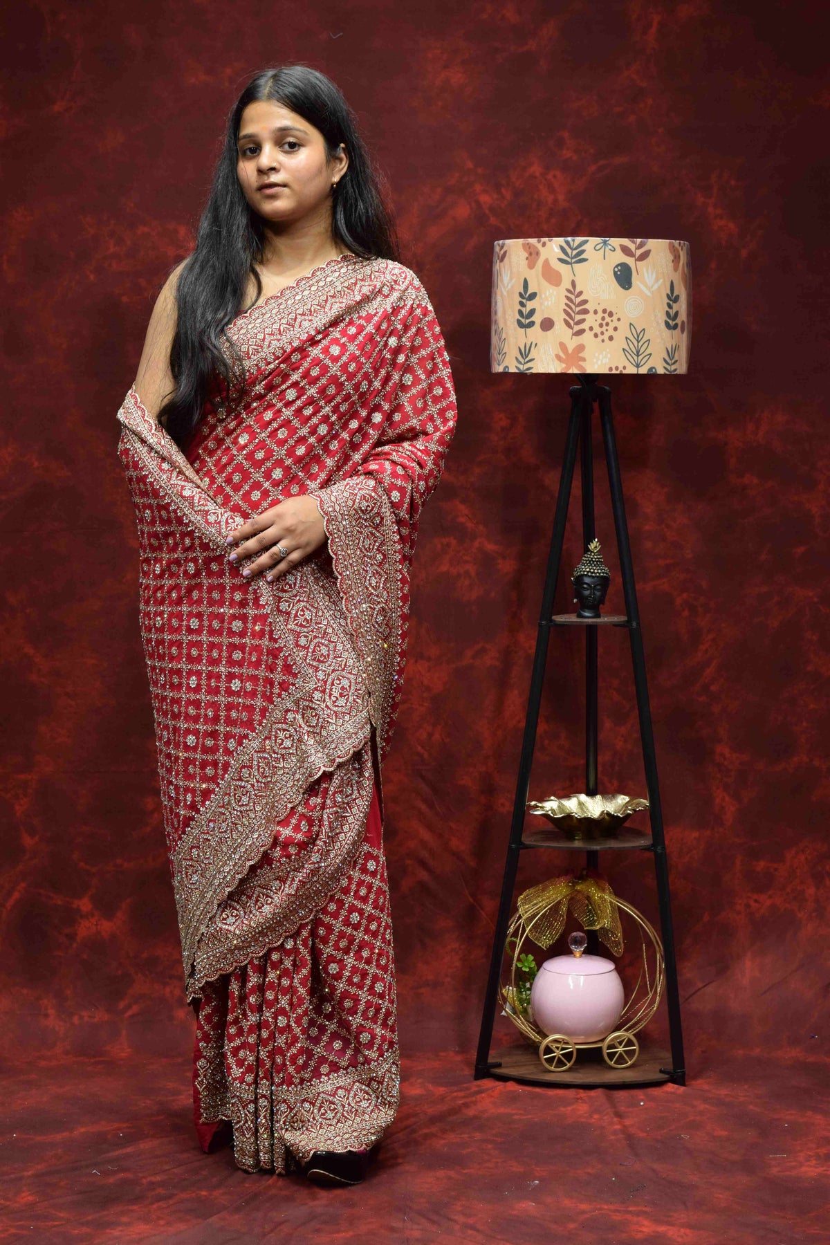 Royal Red Embroidered Saree with Intricate Golden Zari Border
