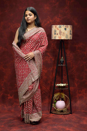 Royal Red Embroidered Saree with Intricate Golden Zari Border