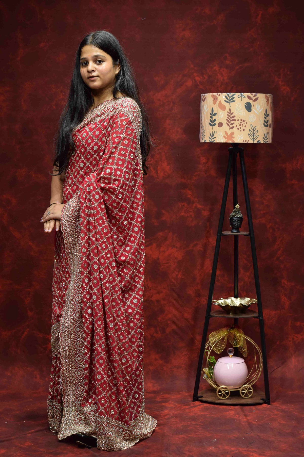 Royal Red Embroidered Saree with Intricate Golden Zari Border