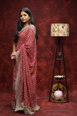 Royal Red Embroidered Saree with Intricate Golden Zari Border
