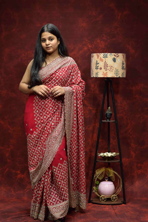 Royal Red Embroidered Saree with Intricate Golden Zari Border