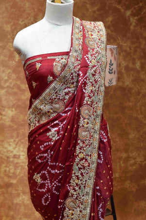 Royal Maroon Bandhani Saree with Intricate Golden Embroidered Border