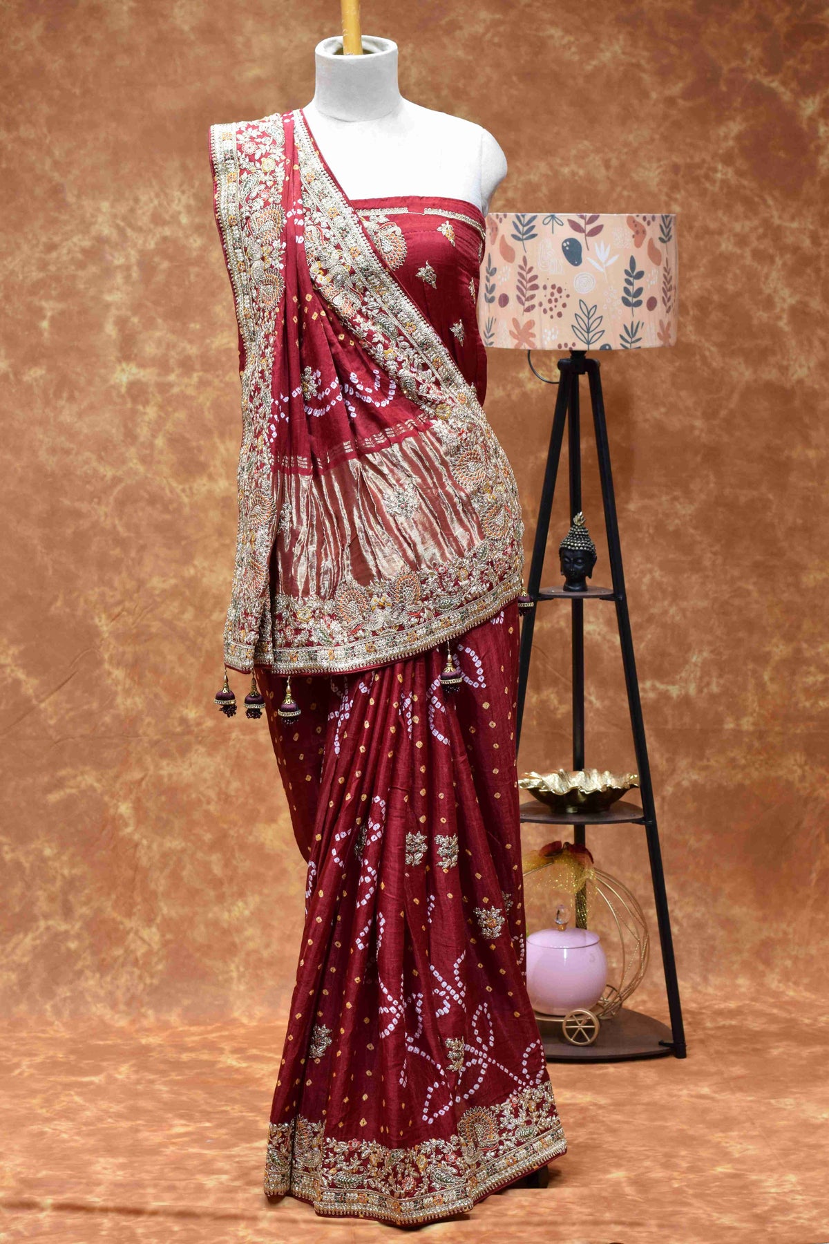 Royal Maroon Bandhani Saree with Intricate Golden Embroidered Border