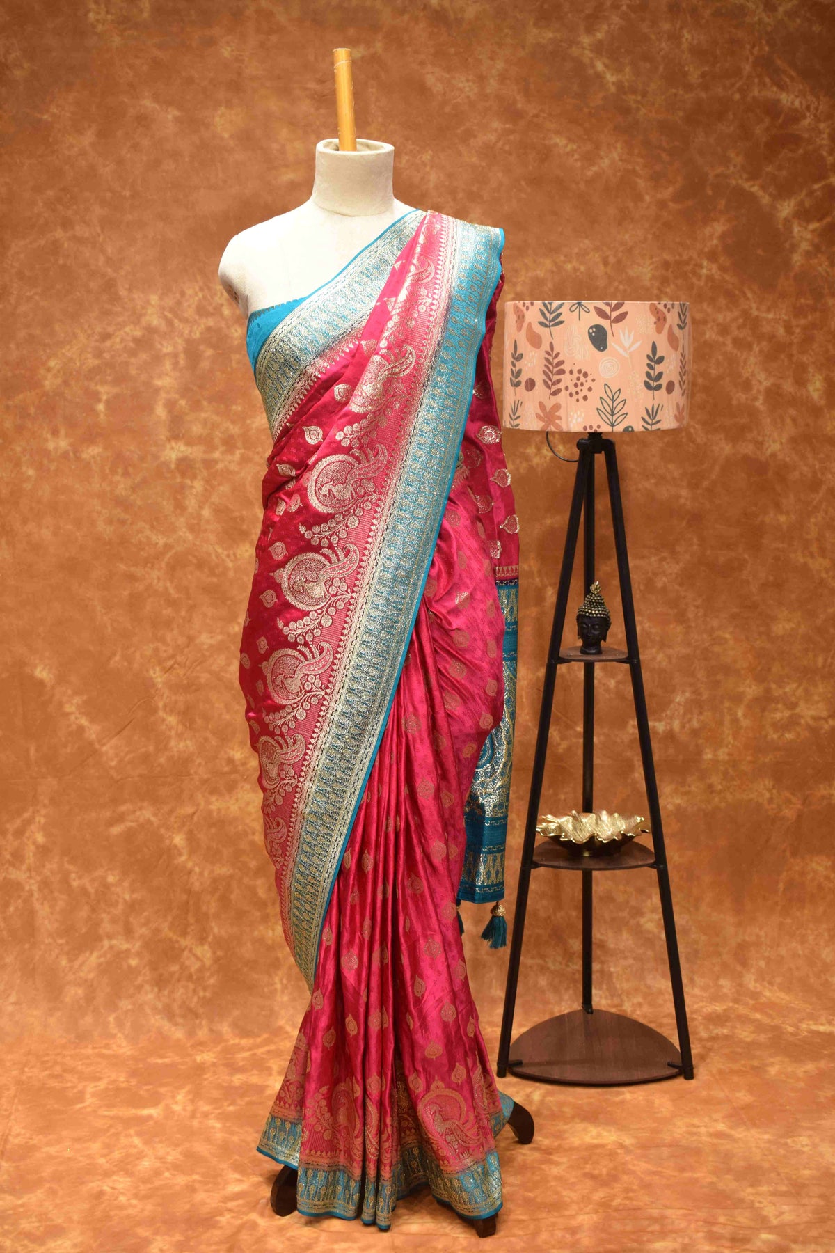 Royal Pink & Turquoise Banarasi Silk Saree with Zari Paisley Border