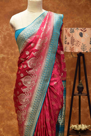 Royal Pink & Turquoise Banarasi Silk Saree with Zari Paisley Border