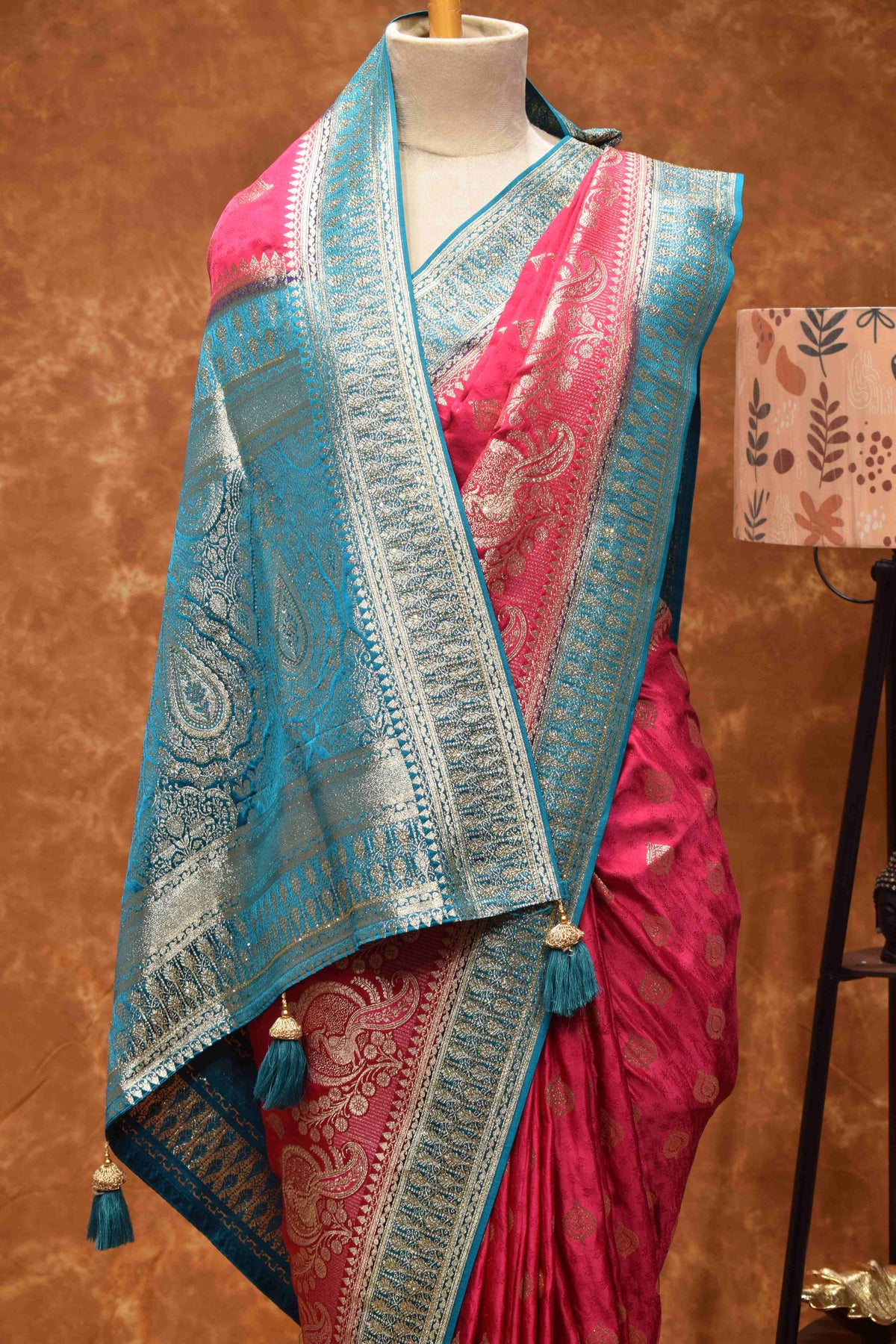Royal Pink & Turquoise Banarasi Silk Saree with Zari Paisley Border