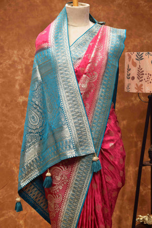 Royal Pink & Turquoise Banarasi Silk Saree with Zari Paisley Border